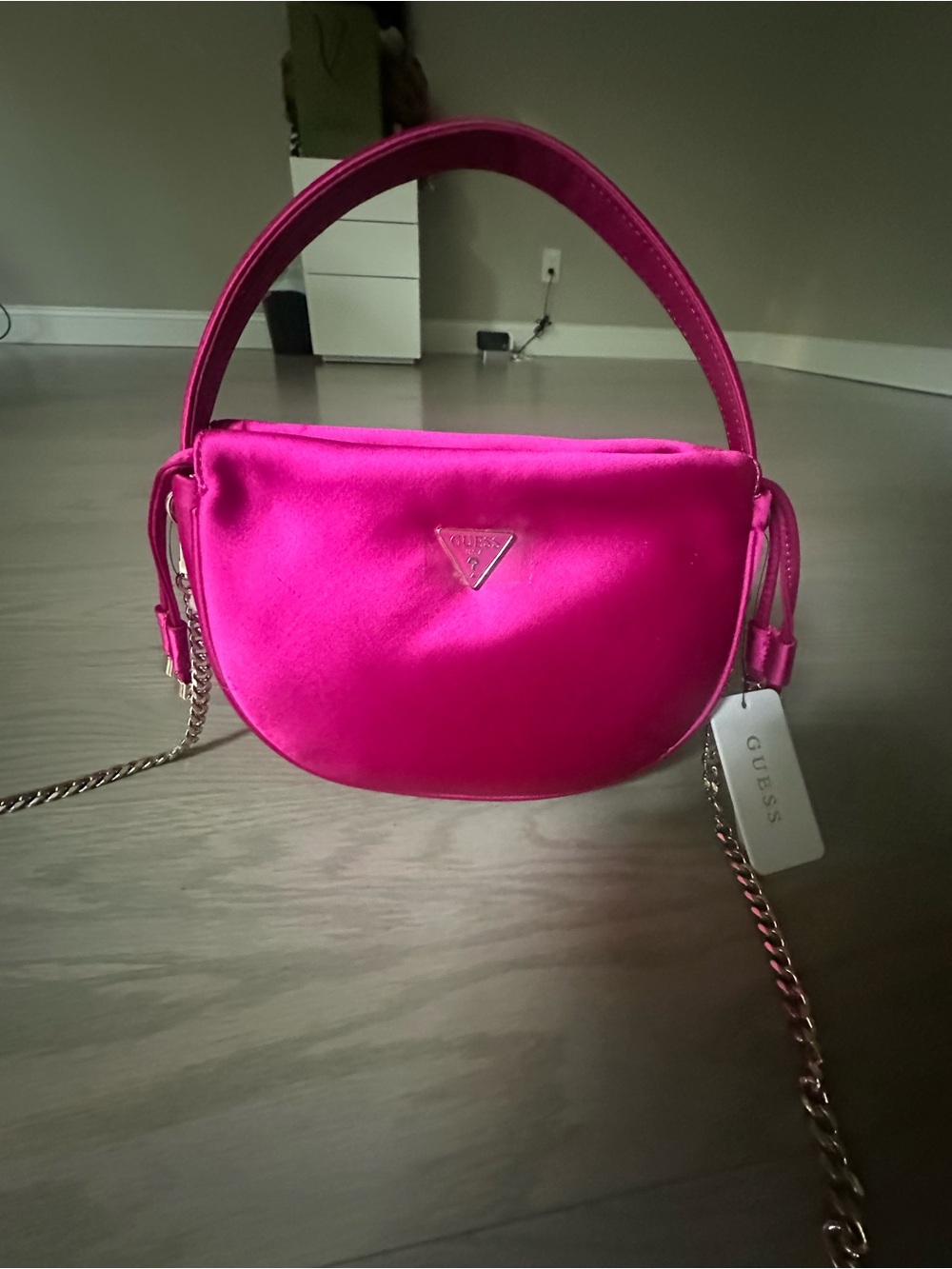 GUESS Fuchsia Velvet Crossbody with Gold Chain